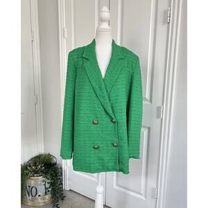 ZARA Emerald Green Tweed Double Breasted Blazer Gold Crest Buttons Small